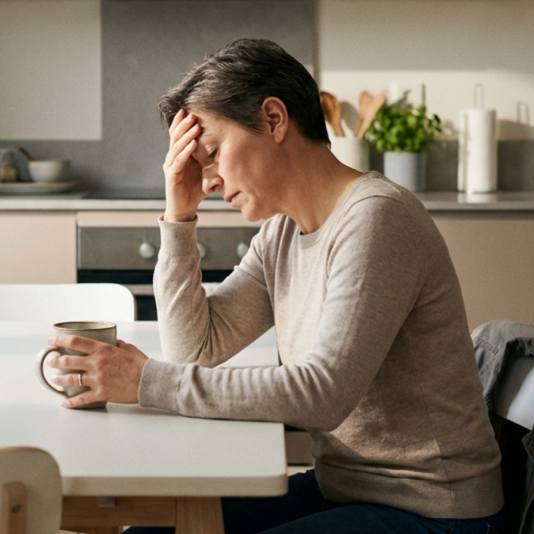 Frau sitzt erschöpft am Küchentisch